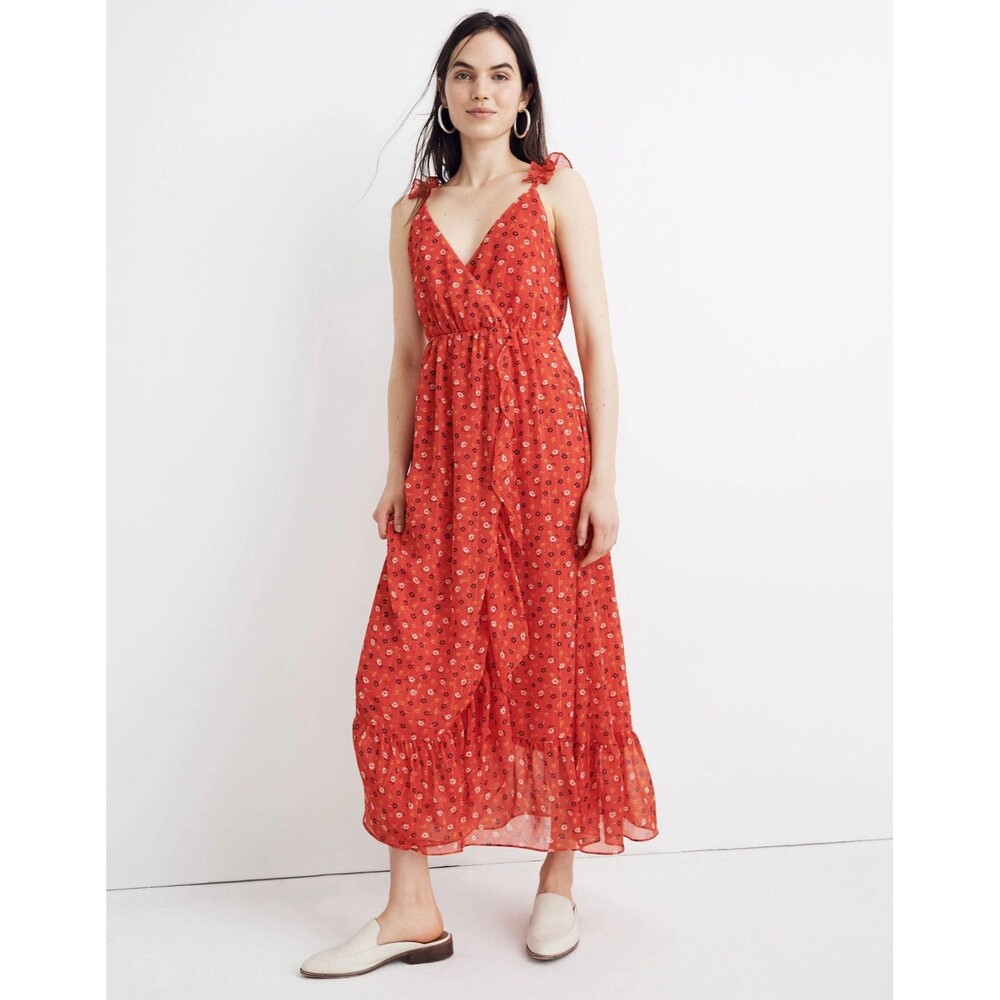 Madewell Ruffle Strap Wrap Prairie Posies Red Maxi Boho Floral Lined Dre…